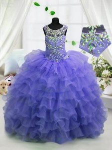 Custom Fit Scoop Lavender Sleeveless Floor Length Beading and Ruffled Layers Lace Up Pageant Dresses