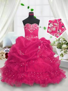 Attractive Pick Ups Ruffled Sweetheart Sleeveless Lace Up Pageant Dress Hot Pink Organza