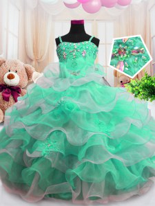 On Sale Floor Length Zipper Little Girl Pageant Gowns Green for Party and Wedding Party with Beading and Ruffled Layers
