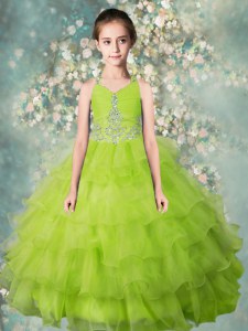 Halter Top Yellow Green Sleeveless Floor Length Beading and Ruffled Layers Zipper Pageant Gowns
