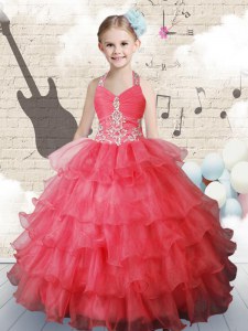 Stunning Coral Red Ball Gowns Halter Top Sleeveless Organza Floor Length Lace Up Ruffled Layers Winning Pageant Gowns