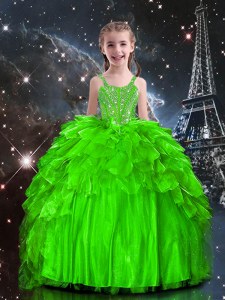 Ball Gowns Spaghetti Straps Sleeveless Organza Floor Length Lace Up Beading and Ruffles Little Girls Pageant Gowns