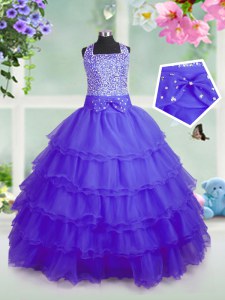 Sleeveless Organza Floor Length Zipper Little Girl Pageant Gowns in Purple with Beading and Ruffled Layers