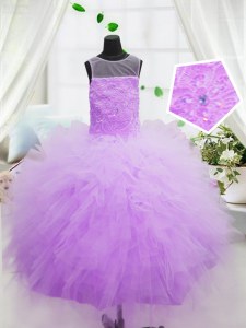 Hot Pink Ball Gowns Scoop Sleeveless Organza Floor Length Zipper Ruffles Little Girl Pageant Dress