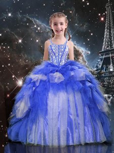 Hot Sale Blue Ball Gowns Organza Spaghetti Straps Sleeveless Beading and Ruffles Floor Length Lace Up Pageant Dress for Teens
