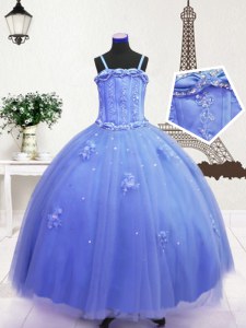 Fashionable Tulle Sleeveless Floor Length Pageant Gowns and Beading and Hand Made Flower