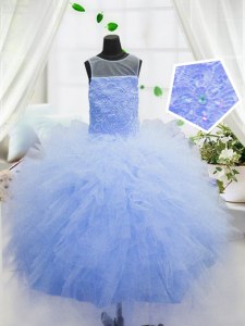 Cute Scoop Baby Blue Zipper Child Pageant Dress Beading and Ruffles Sleeveless Floor Length