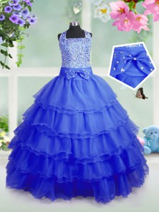 Royal Blue Sleeveless Floor Length Beading and Ruffled Layers Zipper Little Girls Pageant Gowns