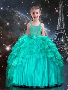 Aqua Blue Ball Gowns Organza Spaghetti Straps Sleeveless Beading and Ruffles Floor Length Lace Up Child Pageant Dress