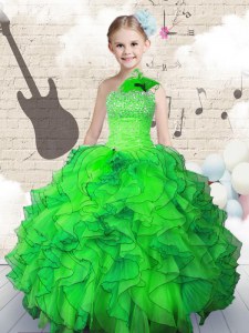 Custom Made Green Ball Gowns Organza Strapless Sleeveless Beading and Ruffles Floor Length Lace Up Little Girls Pageant Dress Wholesale