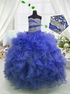 Ball Gowns Kids Pageant Dress Blue Sweetheart Organza Sleeveless Floor Length Lace Up
