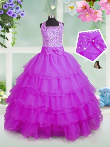 Rose Pink Organza Zipper Square Sleeveless Floor Length Pageant Gowns For Girls Beading and Ruffled Layers