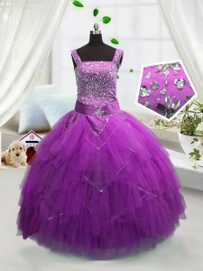 Tulle Straps Sleeveless Lace Up Beading and Ruffles Kids Formal Wear in Fuchsia