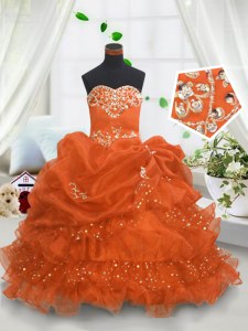 Pick Ups Ruffled Ball Gowns Pageant Dresses Orange Sweetheart Organza Sleeveless Floor Length Lace Up