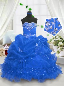 Custom Fit Pick Ups Ruffled Floor Length Ball Gowns Sleeveless Blue Little Girl Pageant Gowns Lace Up