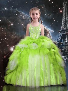 Fashion Floor Length Apple Green Pageant Dress for Teens Tulle Sleeveless Beading and Ruffled Layers