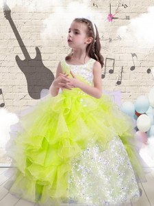 Scoop Floor Length Ball Gowns Sleeveless Yellow Green Kids Pageant Dress Lace Up