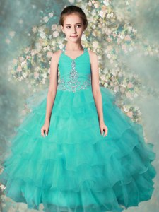 Halter Top Floor Length Turquoise Girls Pageant Dresses Organza Sleeveless Beading and Ruffled Layers