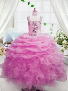 Pink Ball Gowns Organza Square Sleeveless Beading and Ruffles and Pick Ups Floor Length Zipper Pageant Dresses