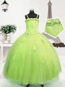 Ball Gowns Little Girls Pageant Gowns Yellow Green Spaghetti Straps Tulle Sleeveless Floor Length Zipper