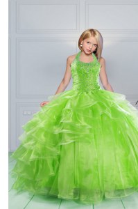 Halter Top Beading and Ruching Pageant Dress Wholesale Apple Green Lace Up Sleeveless Floor Length