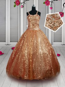 Excellent Rust Red Lace Up Kids Formal Wear Beading and Sequins Sleeveless Floor Length