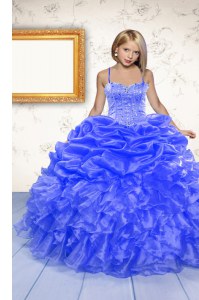 Pick Ups Ball Gowns Little Girls Pageant Dress Blue Spaghetti Straps Organza Sleeveless Floor Length Lace Up