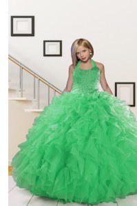 Elegant Organza Halter Top Sleeveless Lace Up Beading and Ruffles Pageant Gowns For Girls in Green