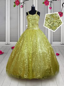High Class Floor Length Gold Custom Made Pageant Dress Sequined Sleeveless Sequins