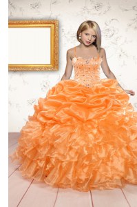 Orange Organza Lace Up Spaghetti Straps Sleeveless Floor Length Pageant Dress Toddler Beading and Ruffles and Pick Ups
