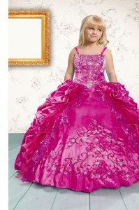 Beading and Appliques and Pick Ups Child Pageant Dress Hot Pink Lace Up Sleeveless Floor Length
