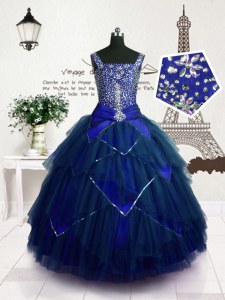 Superior Sleeveless Lace Up Floor Length Beading and Belt Pageant Dress