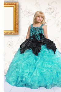 Beauteous Sleeveless Organza Floor Length Lace Up Glitz Pageant Dress in Aqua Blue with Beading and Pick Ups