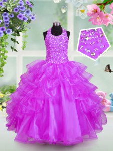 Amazing Halter Top Lilac Organza Lace Up Pageant Dress for Teens Sleeveless Floor Length Beading and Ruffled Layers