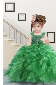 Green Organza Lace Up Little Girl Pageant Gowns Sleeveless Floor Length Beading and Ruffles