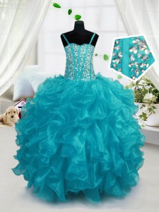 Aqua Blue Organza Lace Up Little Girls Pageant Gowns Sleeveless Floor Length Beading and Ruffles