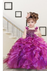 Mermaid Sleeveless Floor Length Beading and Ruffles Lace Up Little Girls Pageant Gowns with Fuchsia