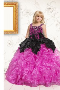 Floor Length Black and Hot Pink Child Pageant Dress Straps Sleeveless Lace Up