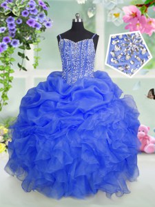 Hot Sale Baby Blue Organza Lace Up Kids Formal Wear Sleeveless Floor Length Beading and Ruffles and Pick Ups