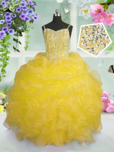 Spaghetti Straps Sleeveless Organza Pageant Dresses Beading and Ruffles and Pick Ups Lace Up