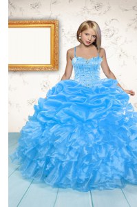 Sleeveless Floor Length Beading and Ruffles and Pick Ups Lace Up Little Girl Pageant Gowns with Baby Blue