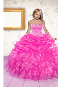Hot Pink Sleeveless Floor Length Beading and Ruffles and Pick Ups Lace Up Kids Pageant Dress