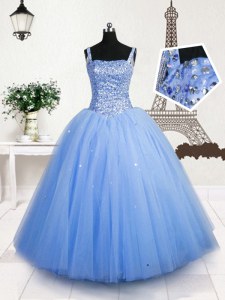Latest Baby Blue Sleeveless Floor Length Beading and Sequins Lace Up Pageant Gowns For Girls