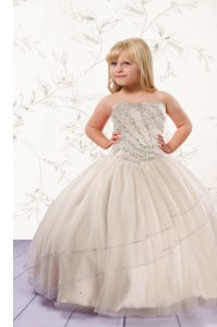 Floor Length Champagne Little Girl Pageant Dress Strapless Sleeveless Lace Up