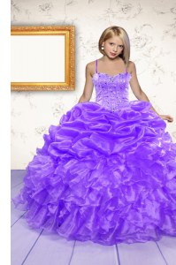 Customized Eggplant Purple Organza Lace Up Pageant Dress Womens Sleeveless Floor Length Beading and Ruffles and Pick Ups