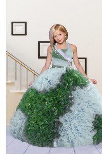Customized Floor Length Green and Light Blue Kids Formal Wear Halter Top Sleeveless Lace Up