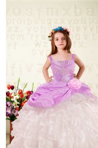 Classical Fuchsia Sleeveless Beading and Ruffled Layers and Hand Made Flower Floor Length Kids Pageant Dress