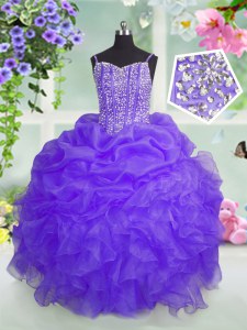 Classical Lavender Ball Gowns Spaghetti Straps Sleeveless Organza Floor Length Lace Up Beading and Ruffles and Pick Ups Kids Pageant Dress