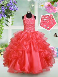 Halter Top Floor Length Watermelon Red Little Girl Pageant Dress Organza Sleeveless Beading and Ruffled Layers