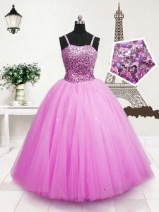 Gorgeous Floor Length Zipper Little Girl Pageant Dress Hot Pink for Party and Wedding Party with Beading and Sequins